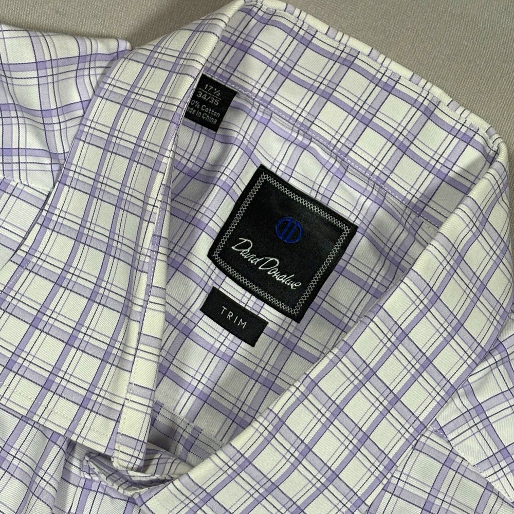 David Donahue Dress Shirt Mens 17.5 34/35 White Purple Plaid Business Casual